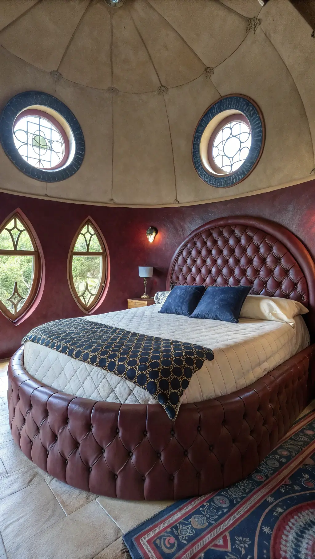 Whimsical shoe-shaped house bedroom with curved walls, custom round bed with tufted leather headboard, and decor in burgundy and navy, lit through porthole windows.