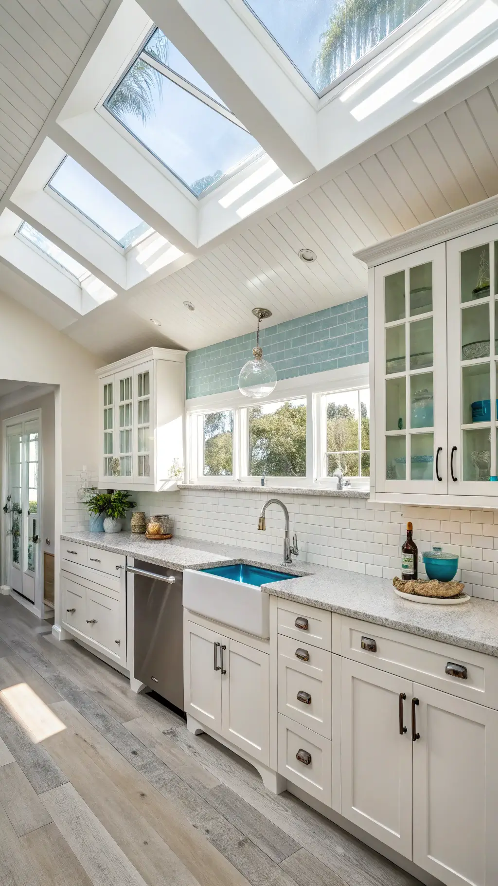 Bright, open-concept luxury coastal kitchen with white aluminum cabinets, blue glass backsplash, driftwood-toned flooring, and full-height pantry units, accentuated with morning light from skylights.