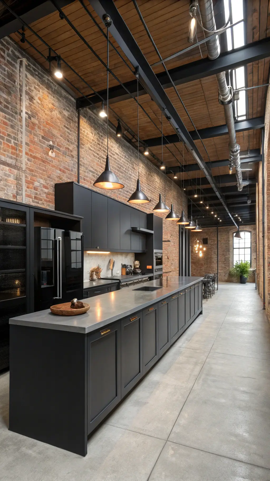Loft-style industrial chic kitchen with exposed brick wall, steel beams, black aluminum cabinets, concrete countertops, and copper pendant lights.