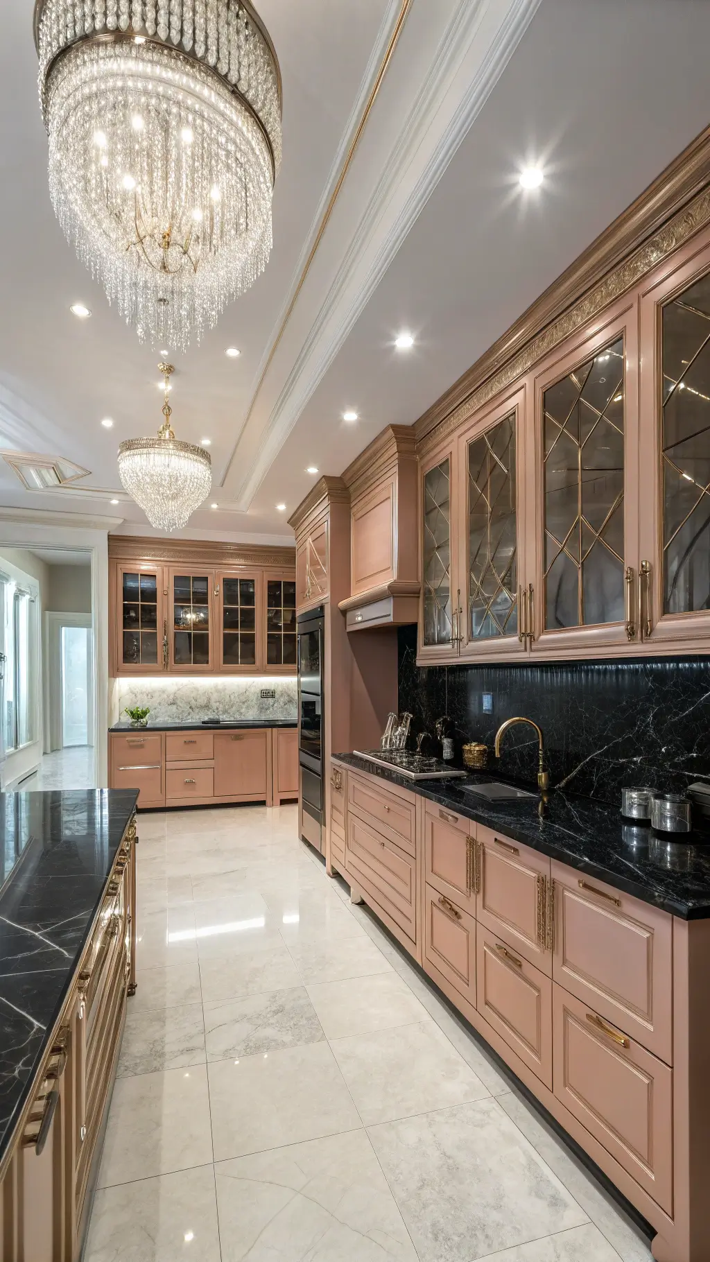 Dramatic, large entertainer's kitchen with black marble countertops, rose gold aluminum cabinets, crystal chandelier, and accent lighting, showcasing a beautiful transition to the butler's pantry.
