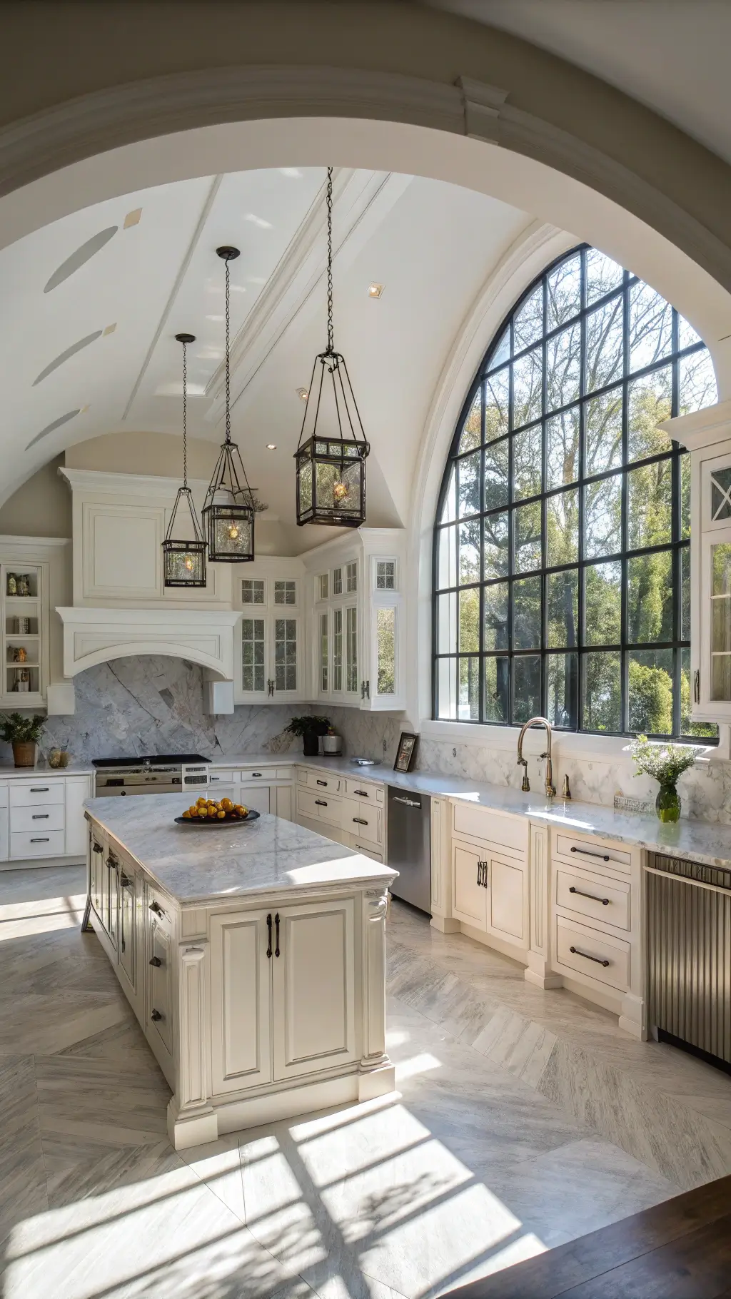 Overhead view of a modern-traditional 15x18ft kitchen with architectural archways, antique white cabinets, brushed nickel hardware, marble waterfall island, steel-framed windows, contemporary brass pendant lights, and minimalist pottery with a palette of antique white, marble white, warm metals, and matte black accents.