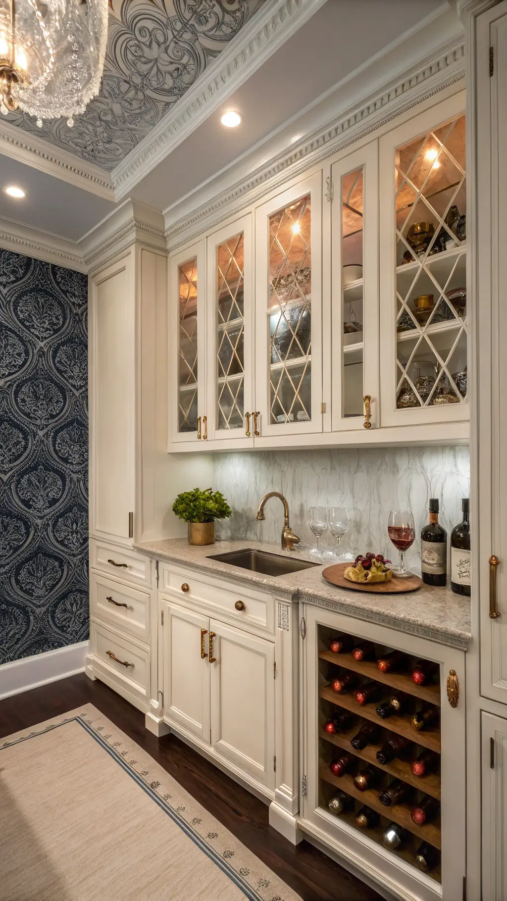 Luxurious butler's pantry with antique white cabinets, wine storage, glass-front displays, and a copper prep sink, decorated with crystal decanters and vintage serving pieces, with accent lighting and wallpapered ceiling in a color scheme of antique white, deep navy, copper, and gold accents.