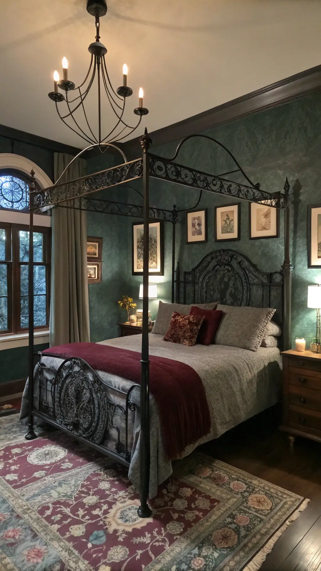 Master bedroom at night featuring a wrought-iron canopy bed with charcoal linen and burgundy velvet, light streaming through gothic windows, botanical art on blue-green Spanish walls, antique vanity with brass candlesticks and dried roses, enhanced by candlelight and crystal prisms.
