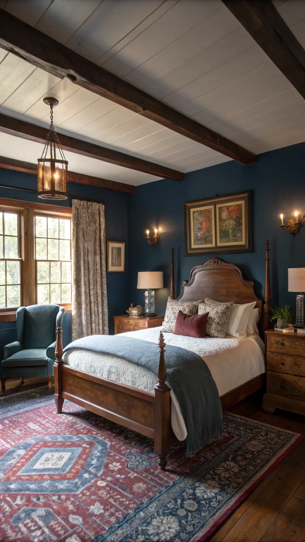 Vintage-style bedroom at golden hour featuring midnight blue walls, dark wooden beams, and sunlight through lace curtains. Notably, there's a weathered oak four-poster bed with burgundy and charcoal bedding, brass sconces, antique forest-green velvet armchair and Persian rug, with botanical prints, dried flowers, and crystal specimens as decor.