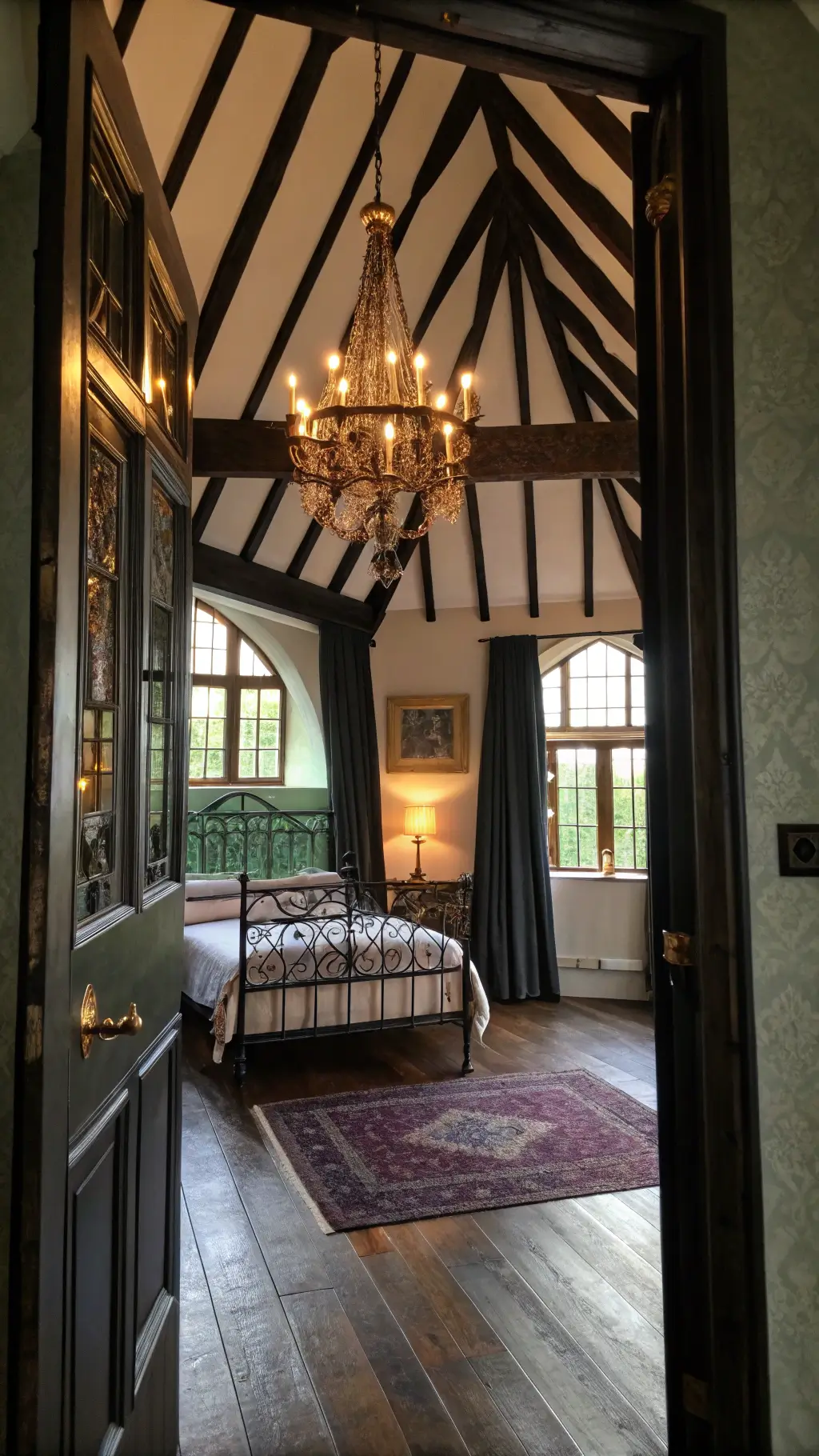 Twilight-lit cathedral ceiling bedroom with black timber beams, copper chandelier, wrought-iron bed with aubergine silk and black lace, damask curtains, vintage mirror reflecting candlelight, leather trunk with charcoal throws, and vintage rugs on dark walnut floor.