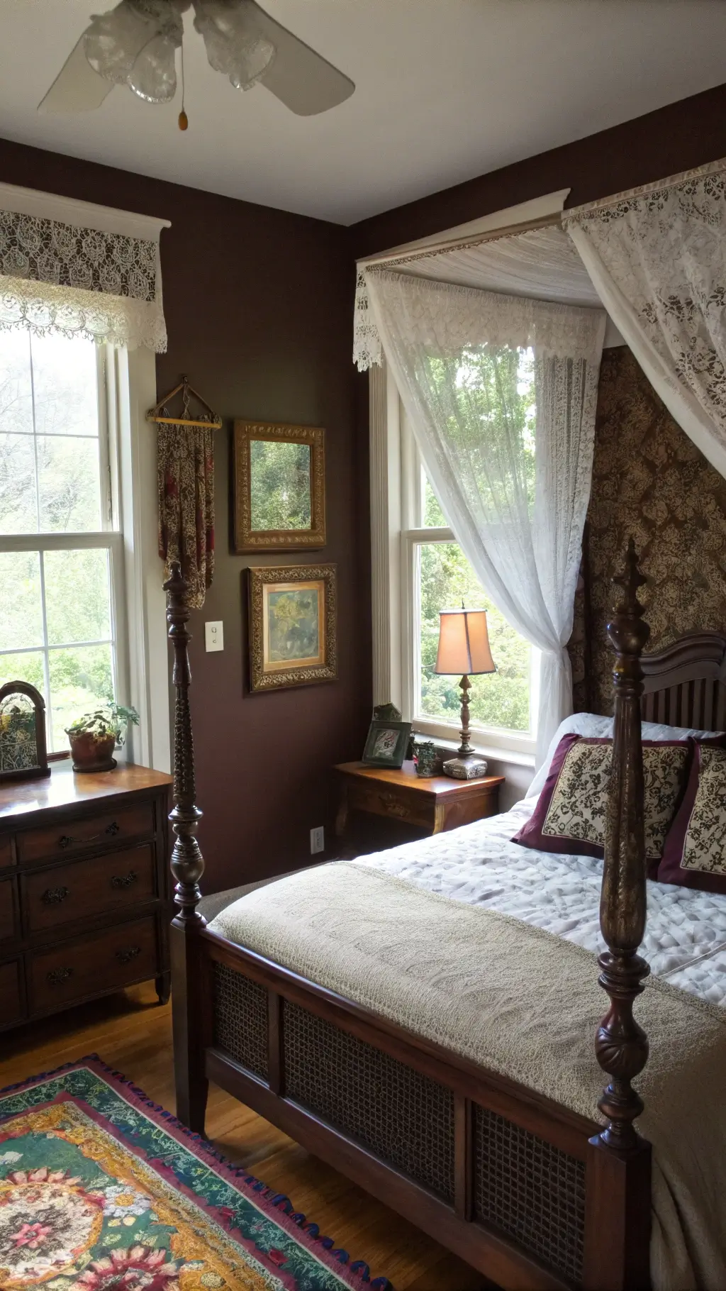Elevated corner view of a Victorian style bedroom with chocolate brown walls, a mahogany bed frame with white lace canopy, forest green and purple tapestries, an antique writing desk, and richly textured bedding under morning light.