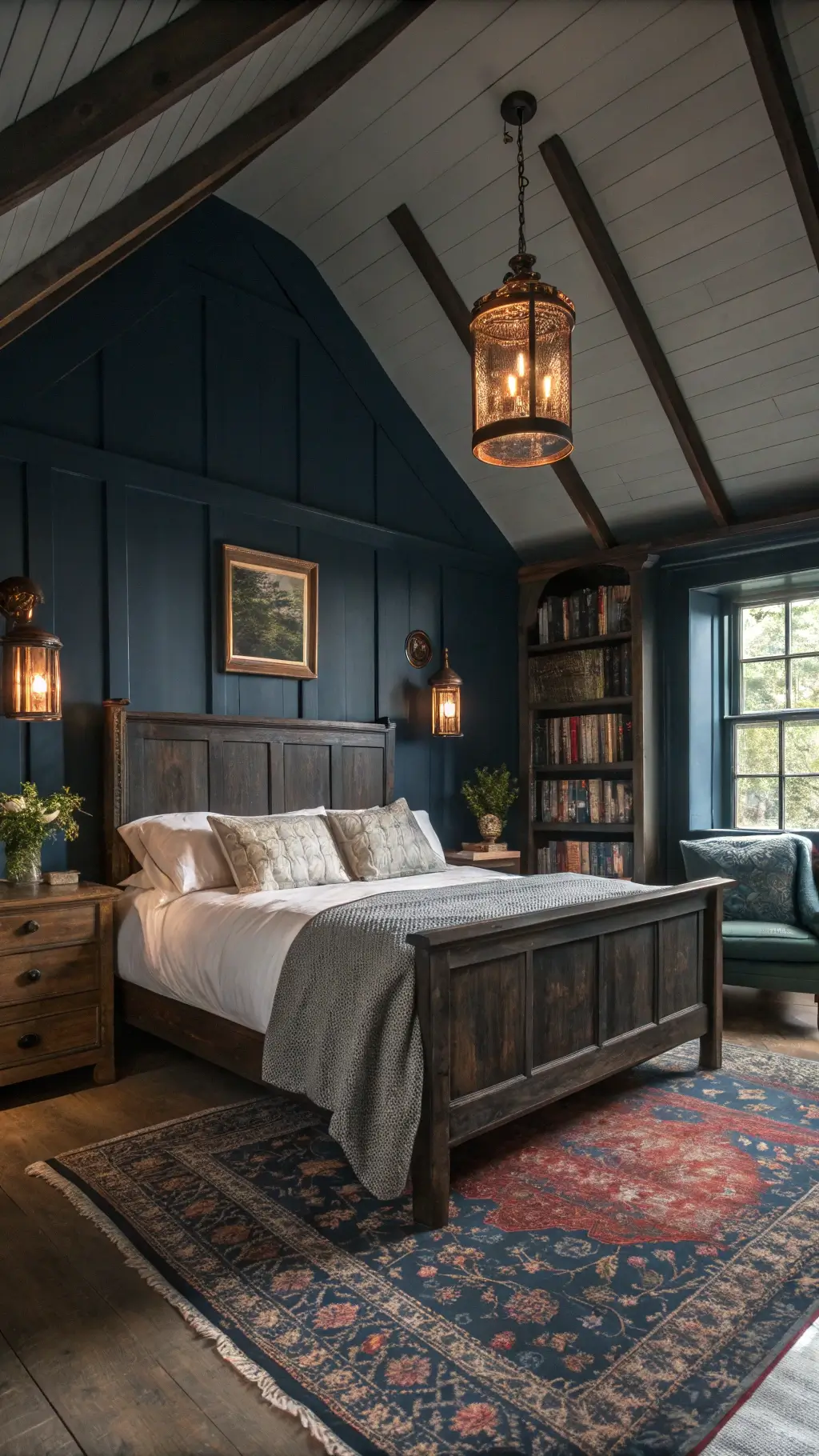 Dusk bedroom scene with slate blue walls, black farmhouse bed, copper lanterns, Persian carpet, bookshelves, reading nook with green velvet chair, dried hydrangeas, vintage botanical illustrations on oak dresser.