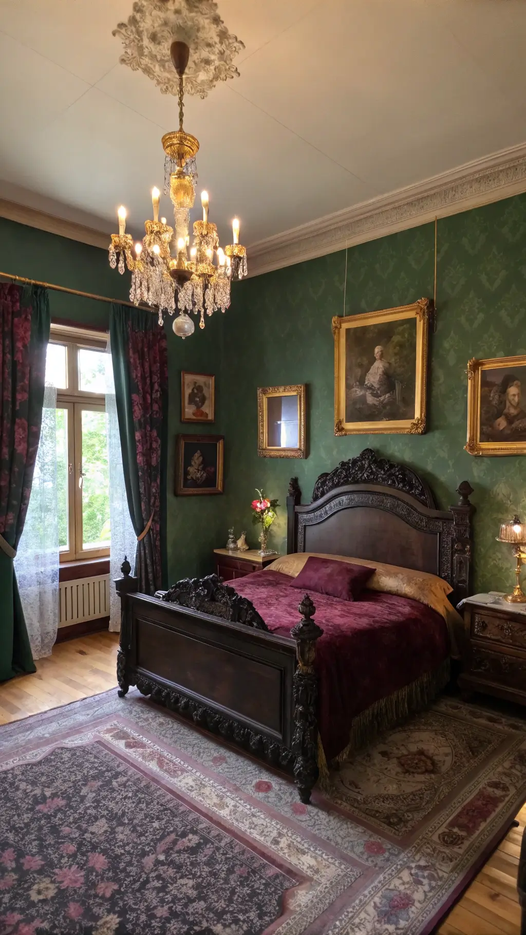 Elegant vintage bedroom with forest green walls, gilt-framed oil paintings, carved ebony bed with burgundy silk and lace dressings, crystal chandelier, antique vanity with brass candlesticks and dried roses, baroque curtains framing leaded glass windows and Oriental rugs, in golden hour lighting.