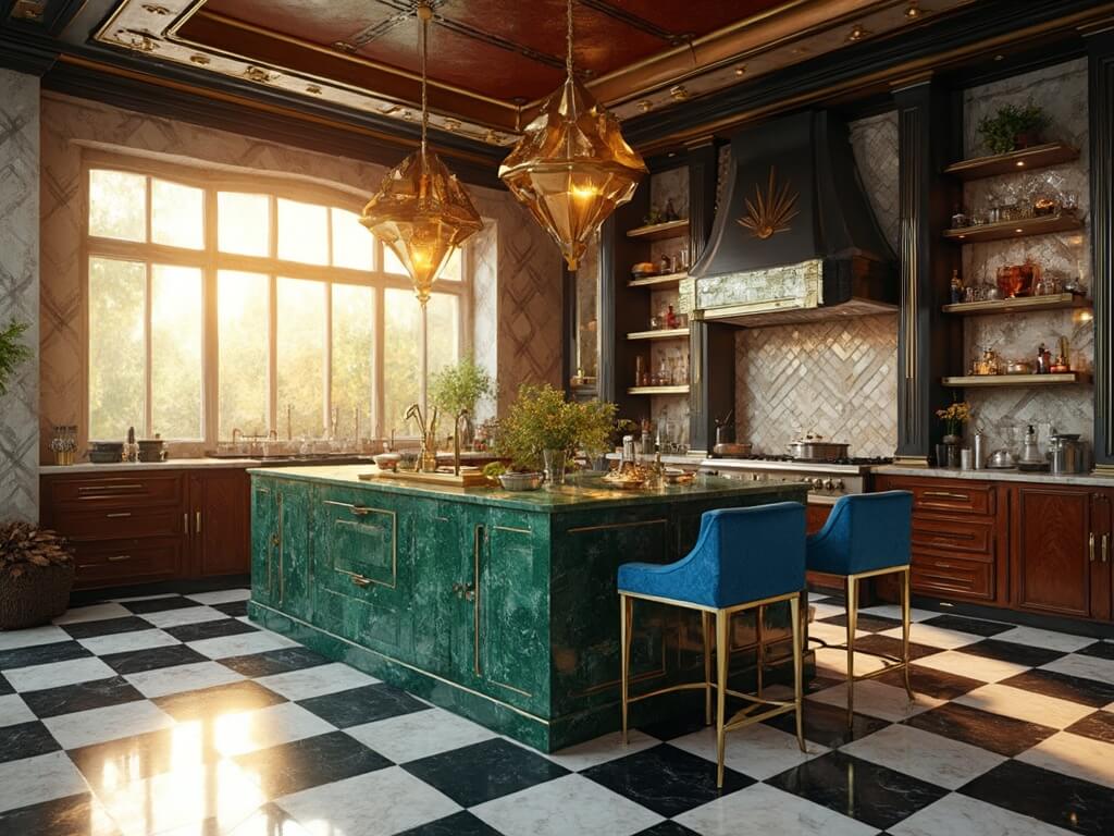 "Art Deco luxury kitchen with black and white marble floors, emerald green marble island, walnut cabinets, and silver geometric wallpaper bathed in warm golden hour light"