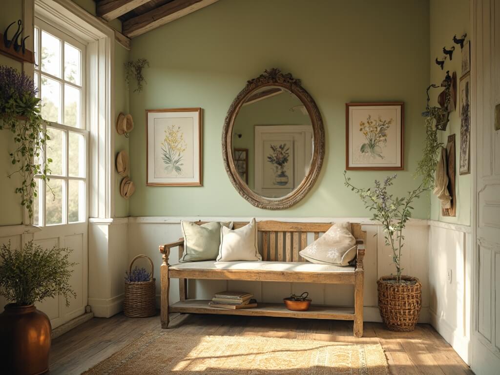 "Vintage cottage entryway bathed in golden hour light featuring weathered pine bench, botanical prints, fresh wildflowers, and rustic decor"