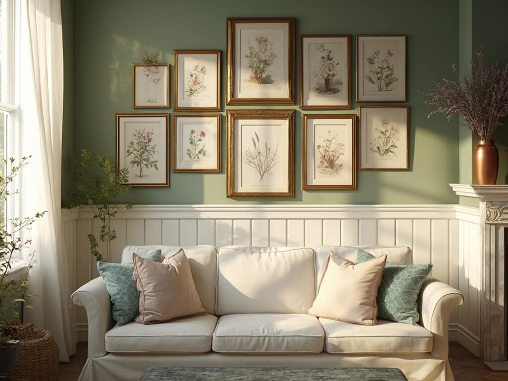 "Victorian cottage living room with botanical wall art, antique decor, and sunlit ambiance"