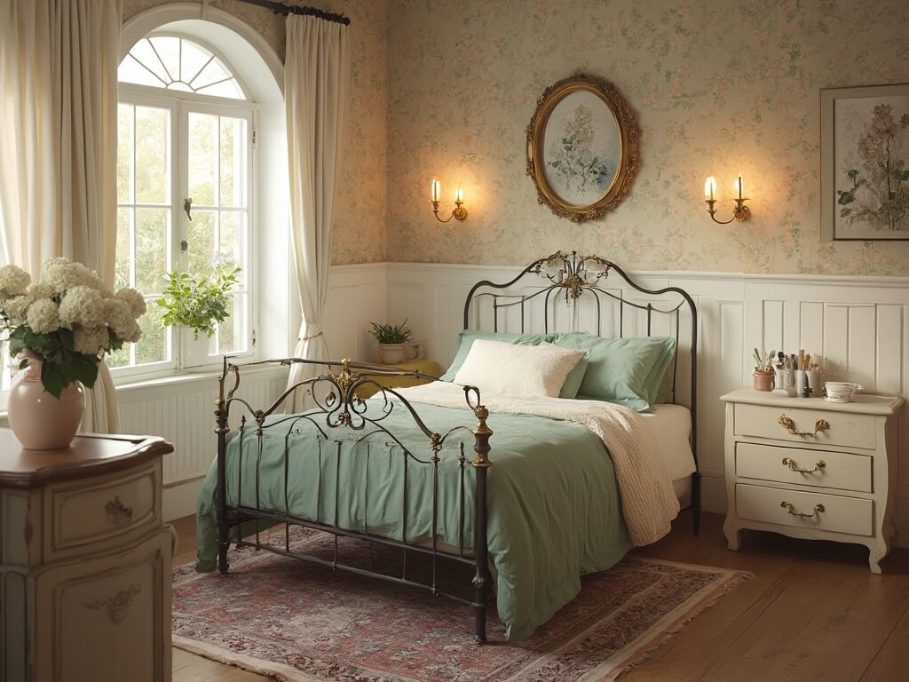 "Cottagecore bedroom with vintage decor, dawn light streaming through windows, floral wallpaper and fresh hydrangeas in milk glass vase"