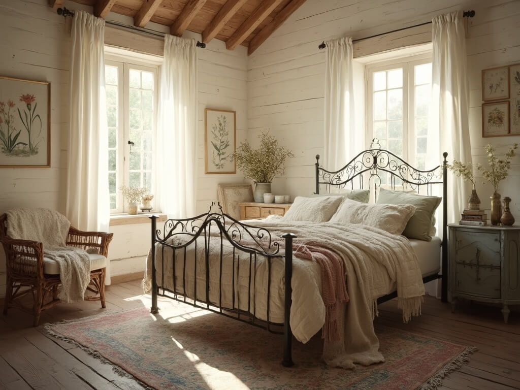 "Vintage sunlit bedroom in cottage with antique furnishings and decor in muted color palette, captured in golden hour lighting."