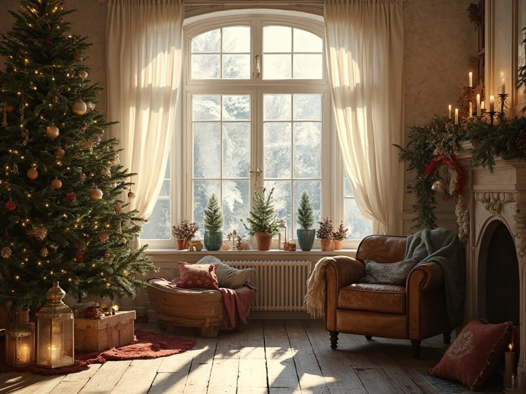 "Cozy cottagecore Christmas living room with Fraser fir tree, vintage decorations, and warm natural sunlight"