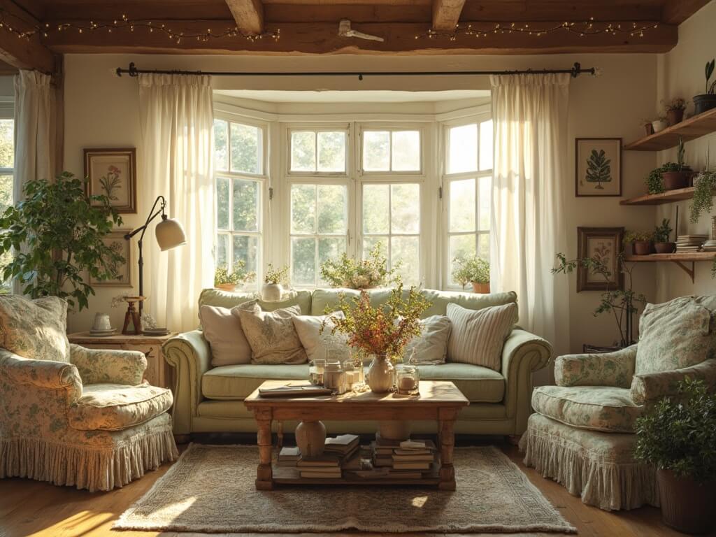 Sunlit cottagecore living room with natural elements, vintage floral sofa, mismatched armchairs, antique decoration, and potted herbs on antique shelves.