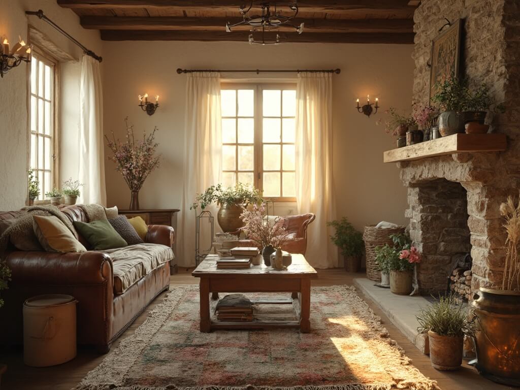 "Cozy rustic farmhouse living room during golden hour with sun illuminating vintage furniture, stone fireplace, dried wildflowers, vintage books and antique decorations."