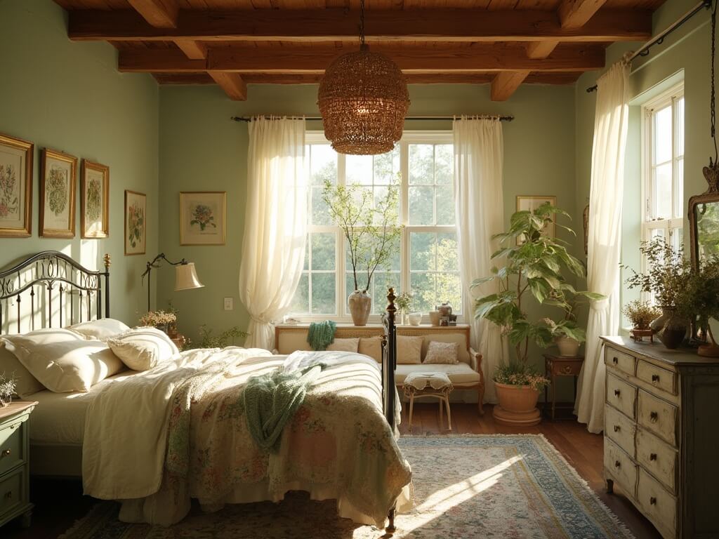 "Sunlit cottagecore bedroom with vintage decor, wrought-iron bed with patchwork quilt, wooden dresser with wildflowers, Persian rug, window seat with handmade cushions, and trailing ivy plants."