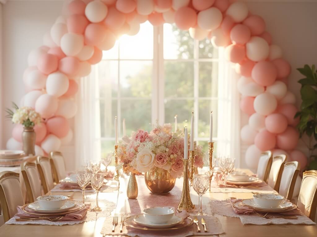 "Elegant Mother's Day brunch tablescape with balloon arch, blush pink linens, garden roses centerpiece, and gold-rimmed fine china in a sunlit, open-concept dining room"