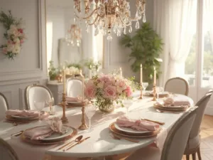 "Elegant Mother's Day dining room setup with floral centerpiece, rose gold place settings, and vintage crystal chandelier in a sunlight-filled room"