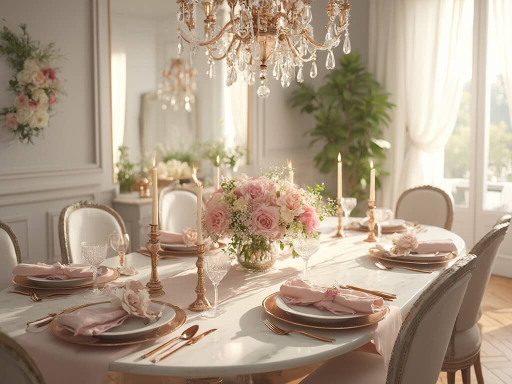 "Elegant Mother's Day dining room setup with floral centerpiece, rose gold place settings, and vintage crystal chandelier in a sunlight-filled room"