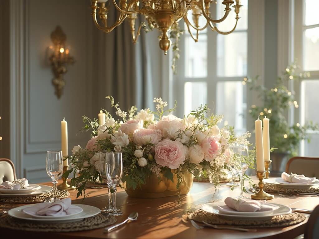 "Elegant spring dining table centerpiece with blush peonies and white tulips in a brass vessel, set in a sophisticated dining room with soft morning light"