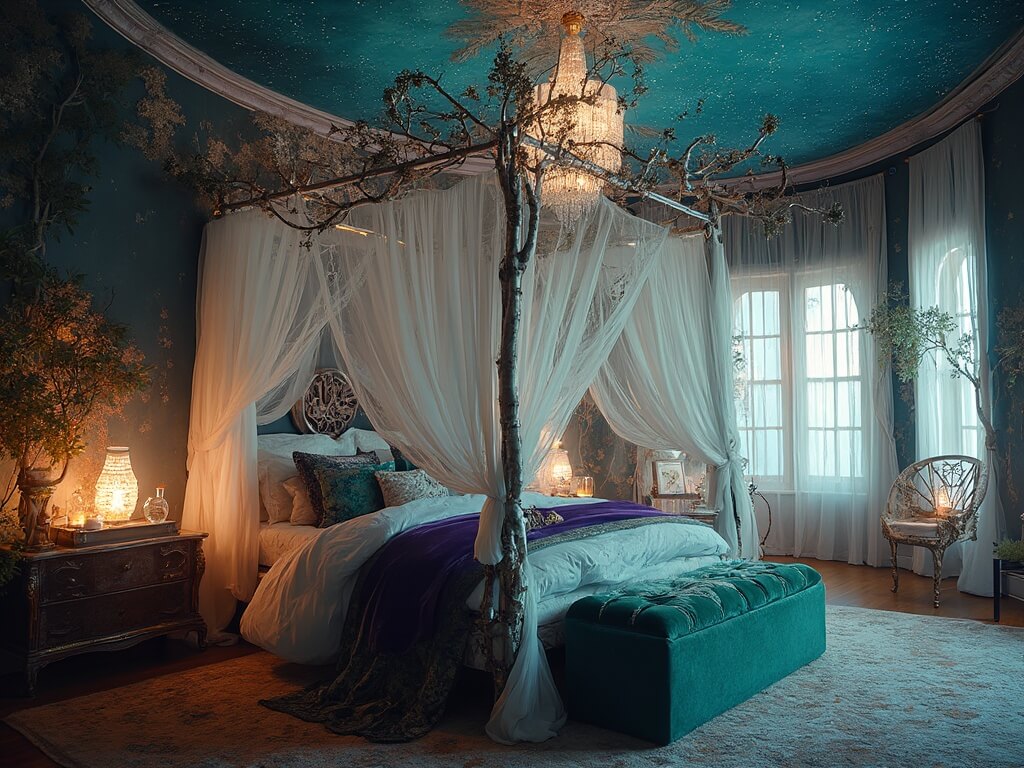 "Enchanted forest-themed bedroom with starry night ceiling and grand four-poster bed with jewel-tone bedding"