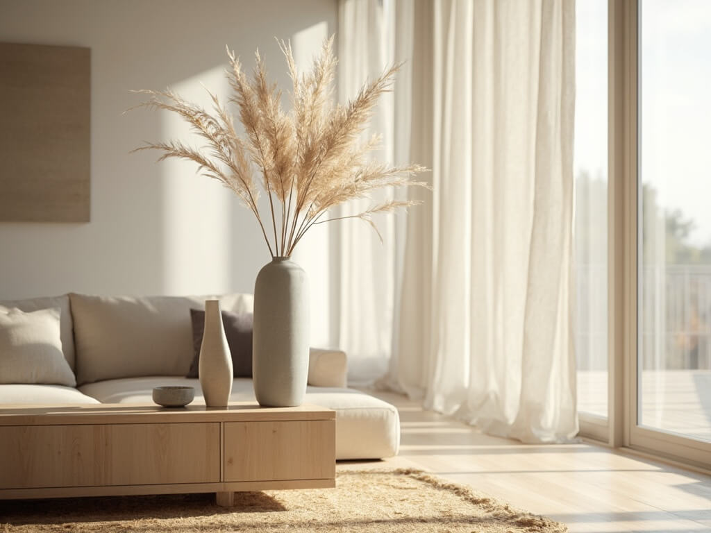 "Minimalist Japandi-styled living room with a large gray vase holding a dried pampas grass stem, bathed in soft morning light."
