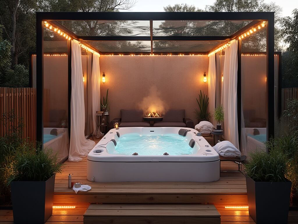 "Luxurious backyard hot tub sanctuary during golden hour with modern amenities, framed by glass screens and natural greenery, under a warm glow from Edison bulb-lighted pergola."