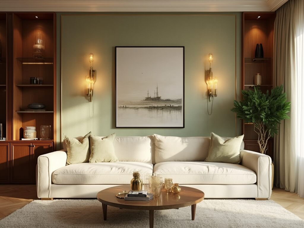 "Elegant living room with plush cream sofa, sophisticated lighting arrangement, and abstract canvas art, decorated in warm brass, ivory, sage green, and soft terracotta colors."