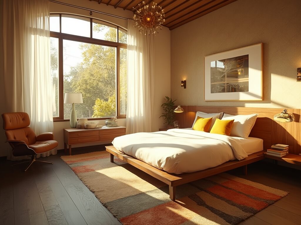 "Mid-century modern bedroom with walnut furniture, white linens, mustard yellow pillows, and natural light streaming through a large arched window during golden hour."