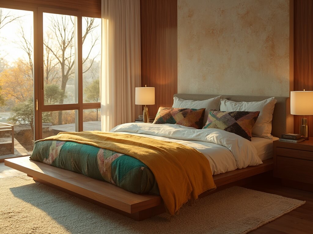 "Mid-century modern bedroom with sunlit geometric textiles, walnut platform bed, teak dresser, and brass table lamps"