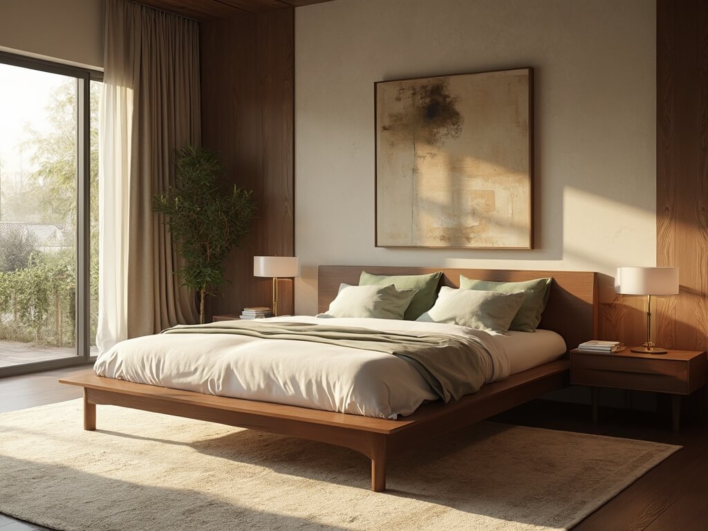 "Mid-century modern bedroom with walnut platform bed, sage green accent pillows, earth-toned artwork, Persian rug, and large sunny windows in high-resolution architectural photography style"