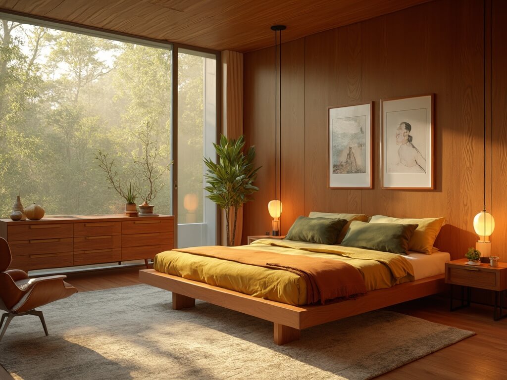 "Mid-century modern bedroom with warm sunlight, walnut platform bed, olive green pillows, teak wood dresser, vintage Eames lounge chair, minimalist art prints, and high-end architectural details"