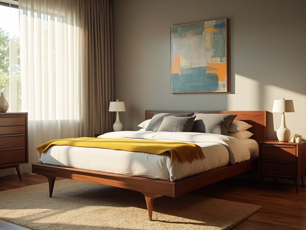 "Mid-century modern bedroom with walnut platform bed, white linens, and mustard yellow throw, under natural lighting"