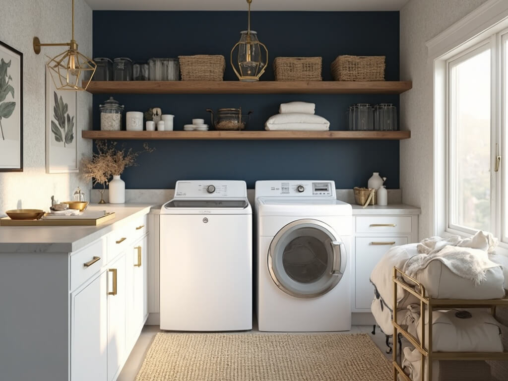 "Modern, sunlit coastal laundry room with white washer and dryer, navy accent wall, floating oak shelves, and marble countertops during golden hour"