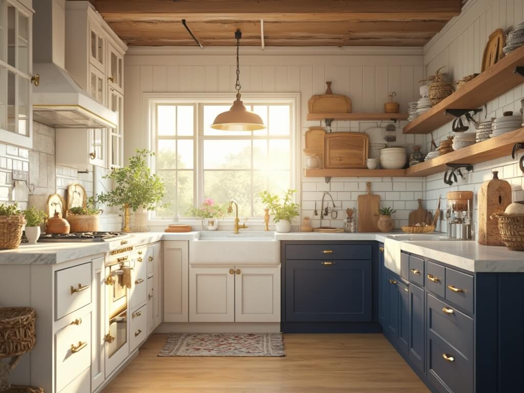 "Sun-drenched modern farmhouse kitchen with white cabinetry, marble countertops, vintage ceramics on open shelving, navy accent cabinets and copper pendant lights"