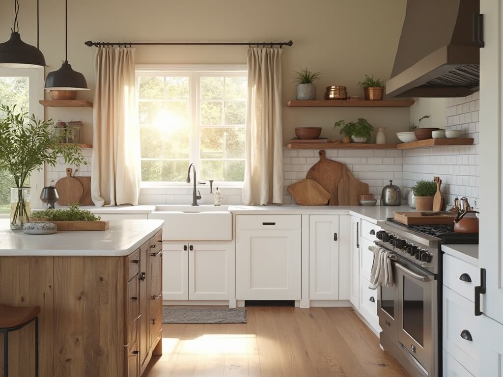 "Sunlit modern farmhouse kitchen with white shaker cabinets, oak island, subway tile backsplash, and vintage decor"