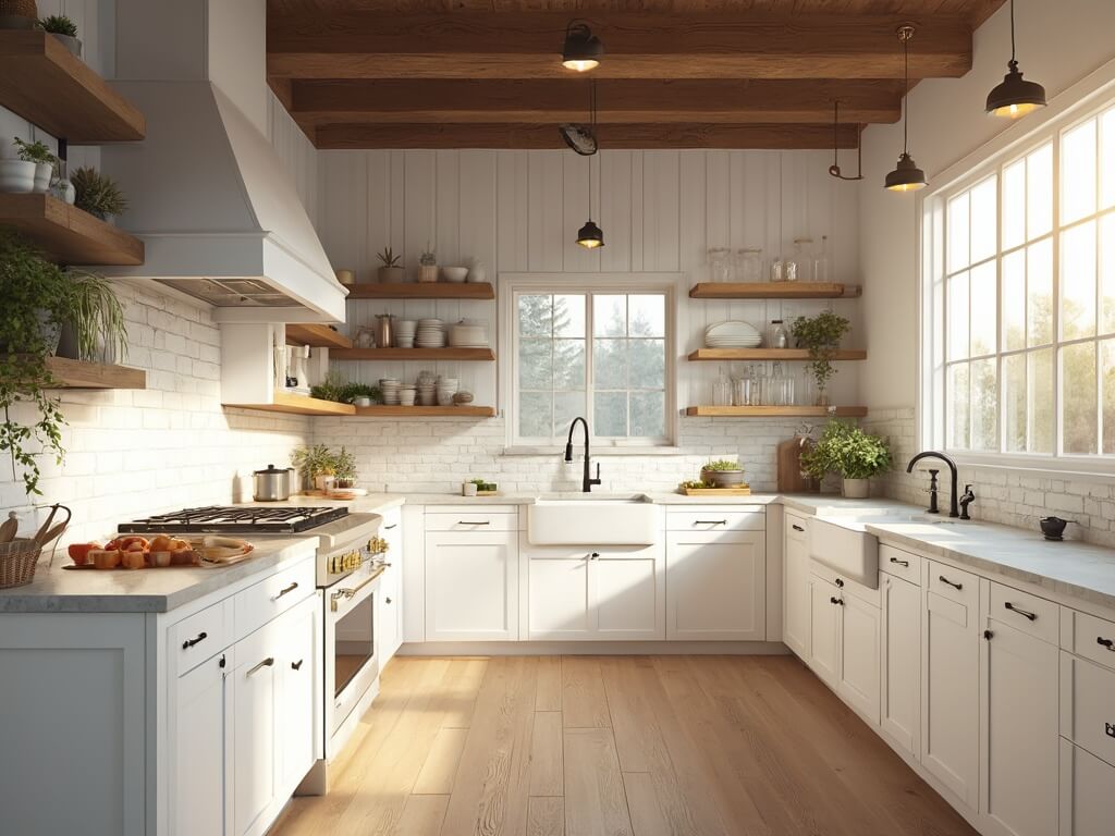 "Sunlit farmhouse kitchen with white shaker cabinets, marble countertops, wooden ceiling beams, subway tile backsplash, and artisanal ceramics display"