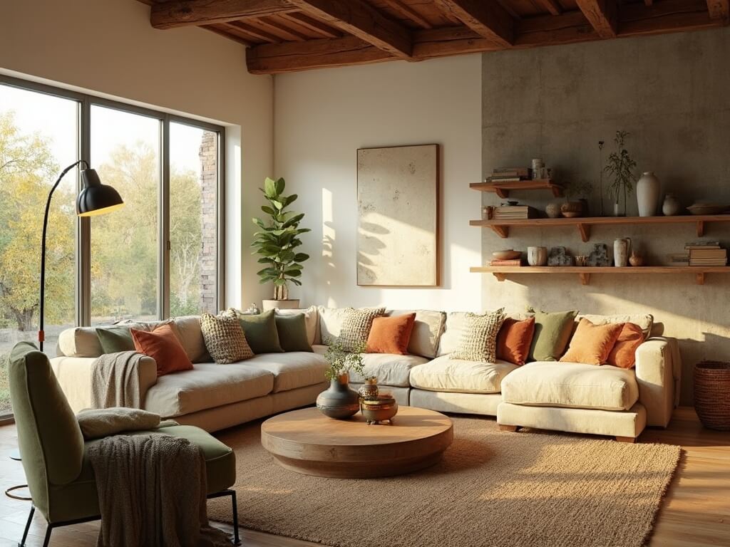 "Modern living room bathed in golden hour light with earthy decor, large windows, linen sofa, olive green chairs, and wooden accents"
