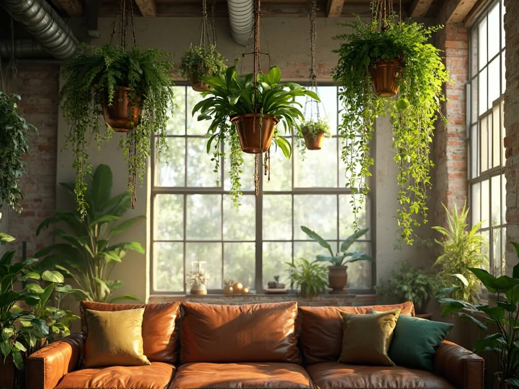 "Sunlit modern loft interior with hanging plants, exposed brick walls, and mid-century furniture"