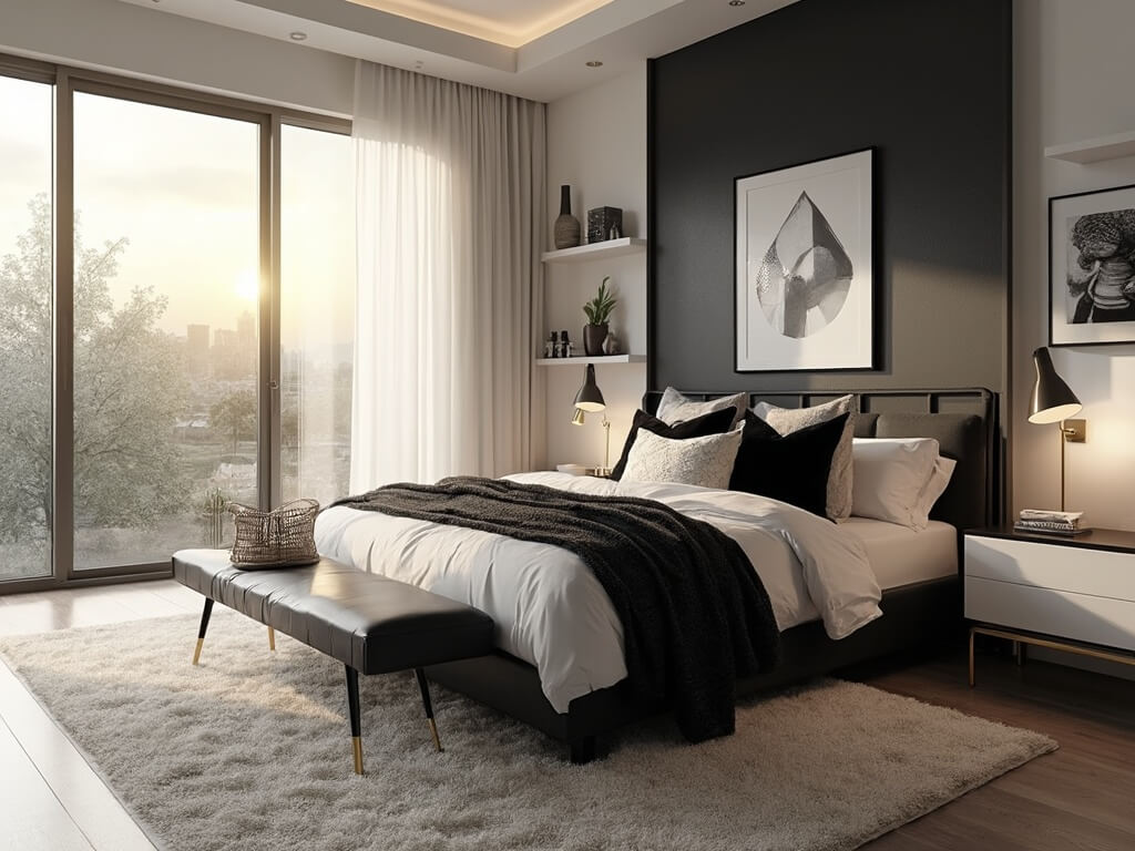 "Modern monochrome bedroom with layered textures and chiaroscuro lighting, featuring a black metal platform bed, white linen bedding, and black and white wall decor"