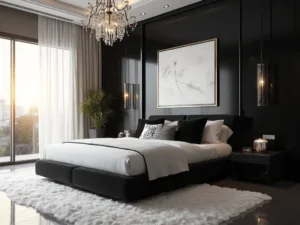 "Luxurious black and white modern bedroom with natural sunlight, crystal chandelier and abstract white artwork"