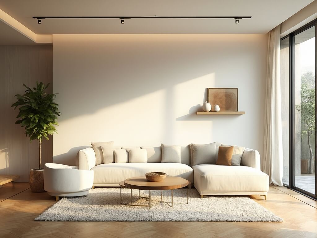 "Minimalist living room with high ceilings, floor-to-ceiling windows, a cream sofa, bouclé armchair, and textured decor details during golden hour"
