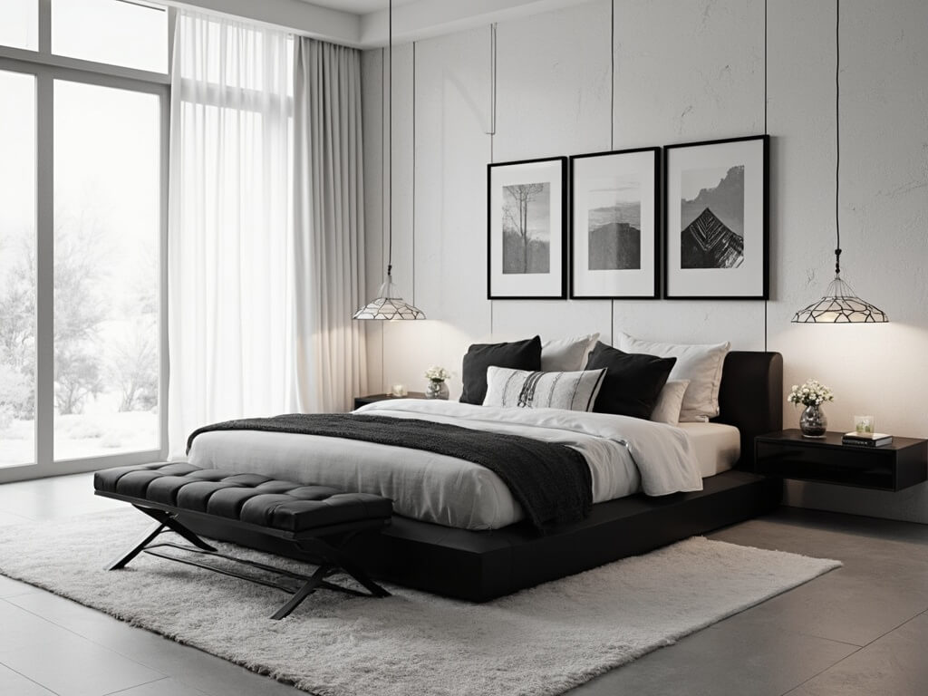 "Minimalist black and white modern bedroom design with platform bed, floating nightstands, monochromatic triptych artwork, and sunset filtering through sheer curtains"