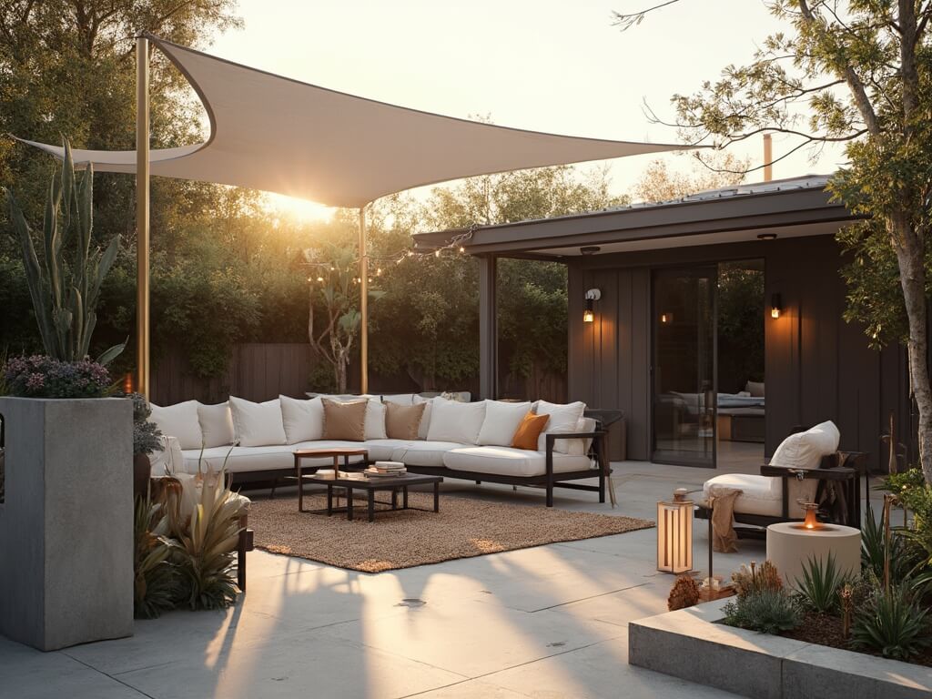 "Modern transformed patio with triangular shade sail, charcoal grey outdoor sectional, weathered teak furniture, brass lamps, string lights, concrete planters, succulents, jute rug, and copper lanterns at sunset"