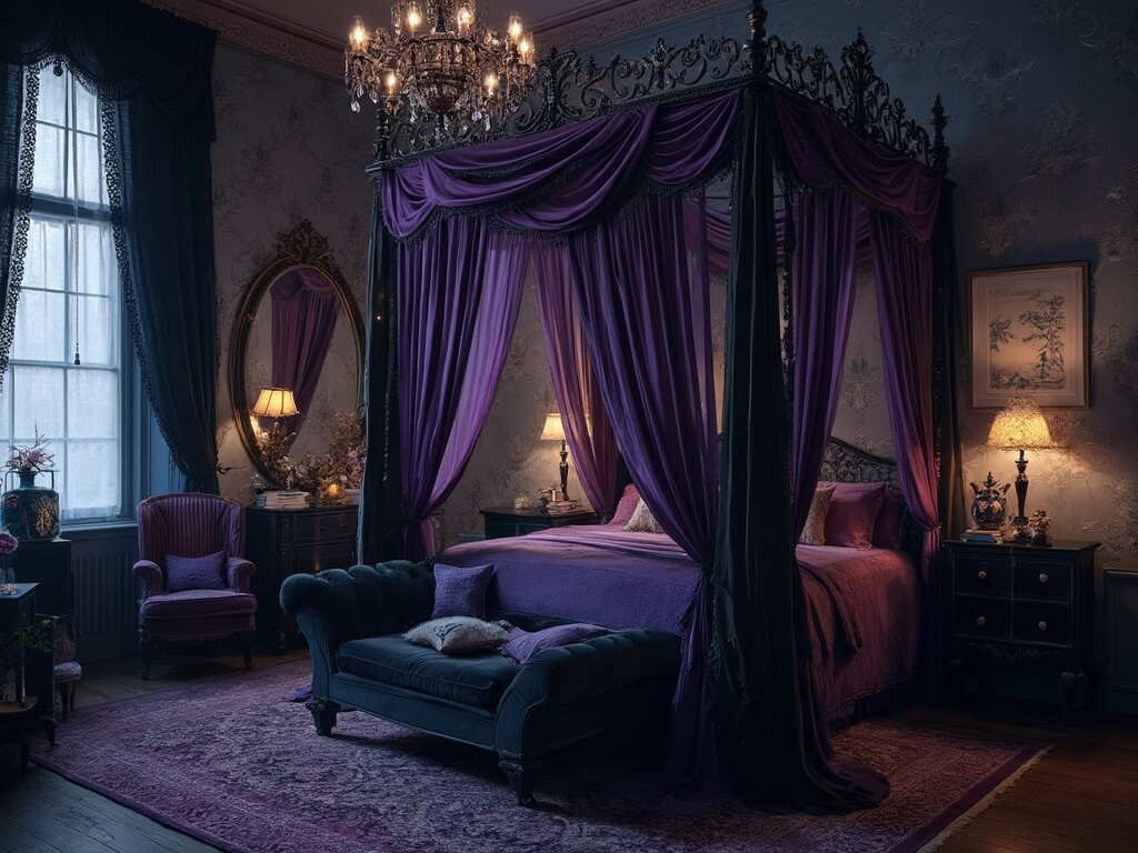 "Gothic style bedroom at twilight with damask wallpaper, iron canopy bed with fairy lights, vintage furnishings, crystal accents and eerie tarot cards, shot on Hasselblad H6D-100c."