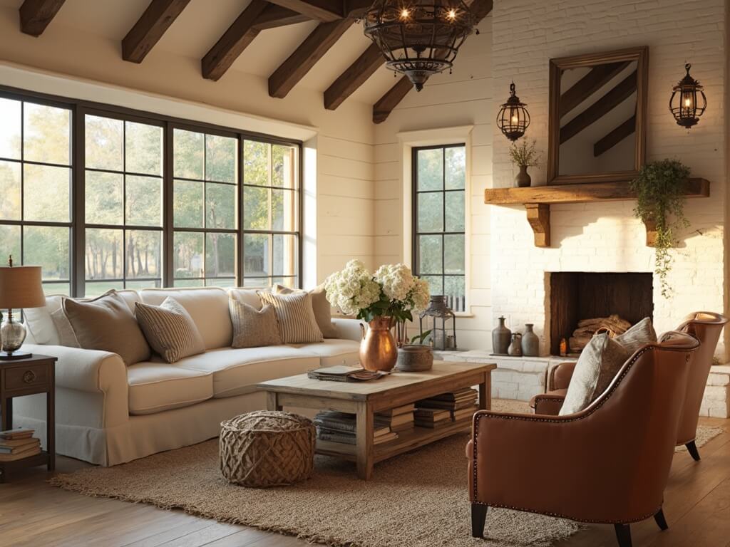 "Rustic elegance in a spacious farmhouse living room bathed in warm golden hour light, featuring exposed beams, leather armchairs, vintage decor, and a whitewashed fireplace."