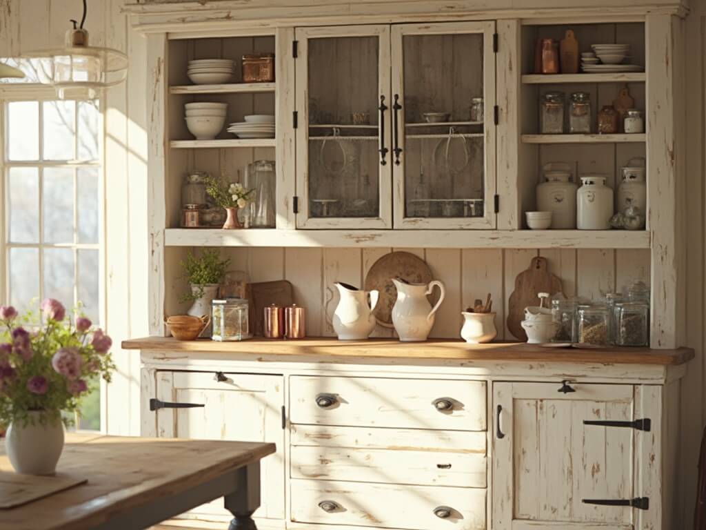 "Vintage farmhouse kitchen hutch filled with antique ironstone dishes, copper measuring cups, and wooden cutting boards in morning sunlight"