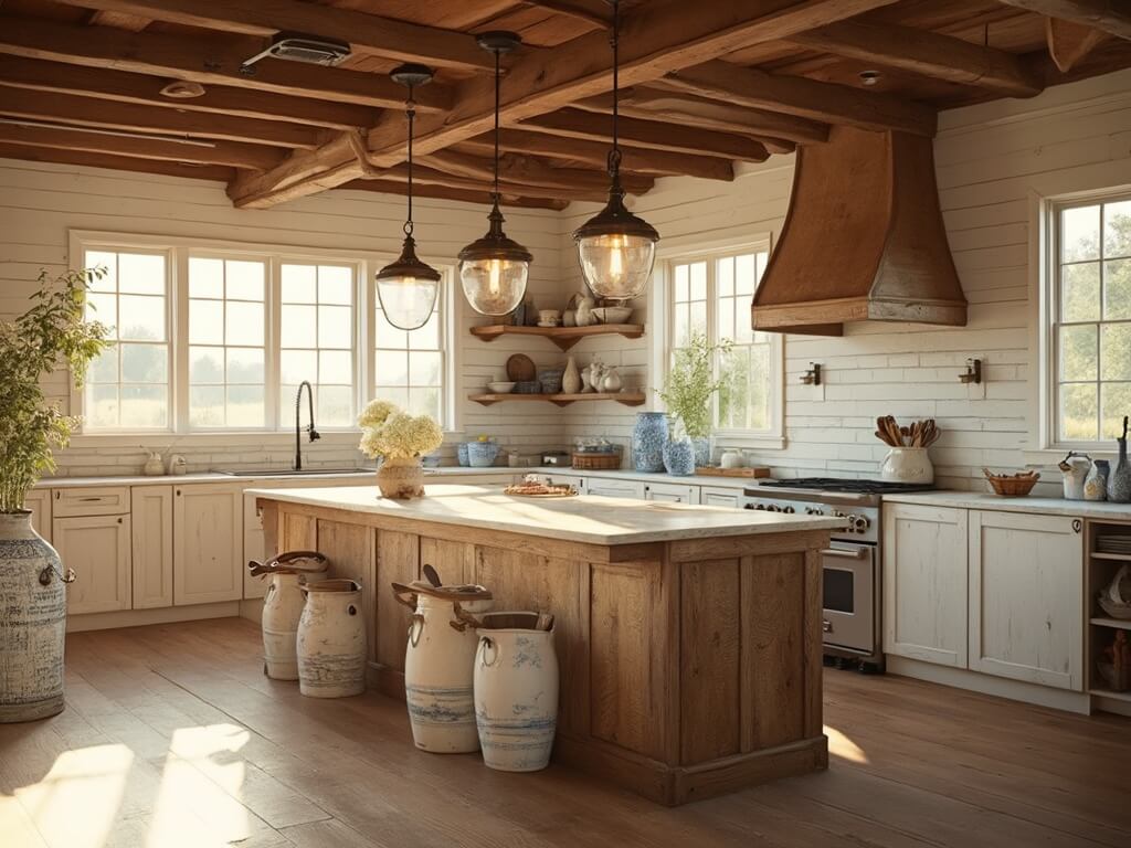 "Sunlit farmhouse kitchen with weathered oak island, marble tops, exposed beams, and vintage decor during golden hour"