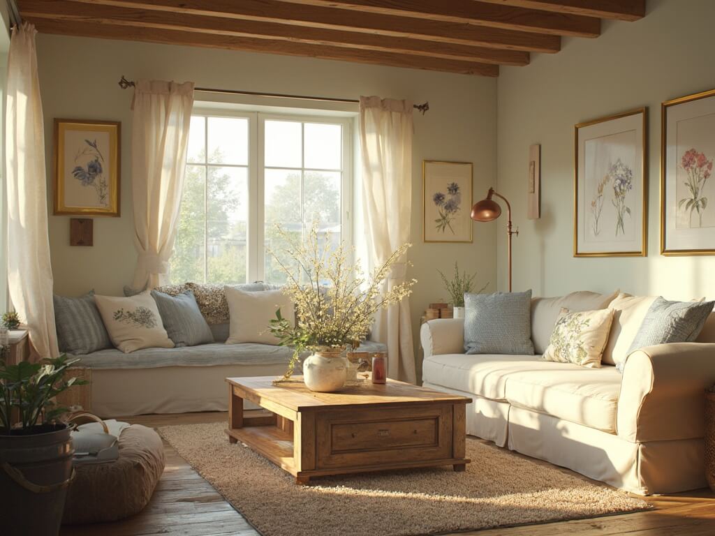 "Cosy countryside cottage living room with sunlit window, oak beams, vintage floral-cushioned sofa, and farmhouse coffee table."